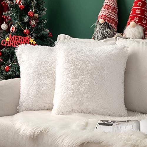 Image of MIULEE Pack of 2 Faux Fur Cushion Covers Fluffy Soft Decorative Square Pillowcase Plush Case Faux Fur Throw Pillow Cover For Livingroom Sofa Bedroom 16x16 Inch 40x40cm 16"x16" White