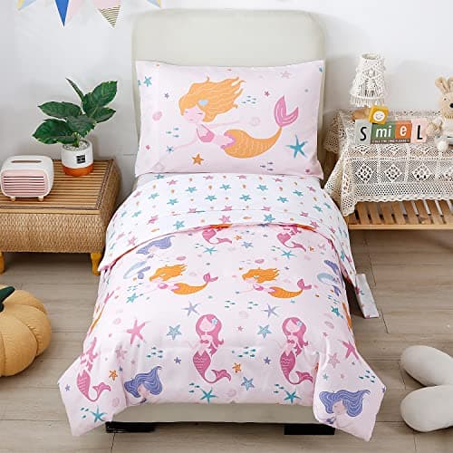 Image of STYHO Mermaid Pattern Bedding Set for Cot Bed Stars Fish Print Toddler Duvet Cover Reversible Light Pink Girls Kids Comforter Cover(Light Pink, Cot Bed)