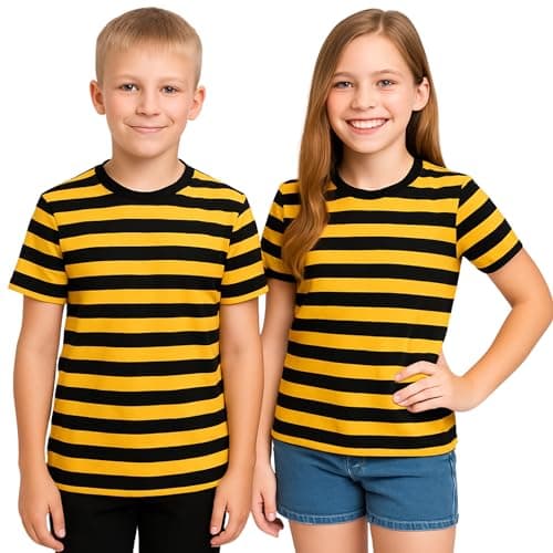 Image of FNA FASHIONS Children's Unisex Striped T-Shirts - Soft Cotton Short Sleeve Tees for Boys & Girls, Casual Everyday Wear - Sizes 5-13 Years (UK, Age, 5 Years, 6 Years, Regular, Regular, Black&Yellow)