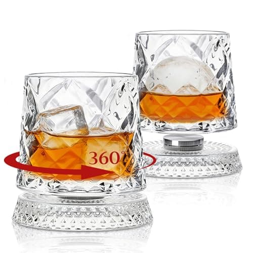 Image of INSETLAN Spinning Whiskey Glasses Set of 2, Rotating Old Fashioned Clear Rocks Glasses for Scotch & Bourbon, Cocktail Glasses for Bar, Party, Home, and Gift (Grid)
