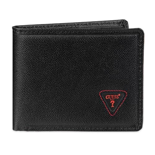 Image of GUESS Men's Classic Bifold Wallet with Card Slots, Bill Compartment and Id Window, Black Red Triangle, One Size, Classic Bifold Wallet with Card Slots, Bill Compartment and Id Window