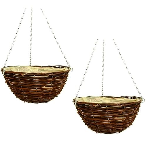 Image of Fyne-Finds Set of 2 Dark Brown Wicker Hanging Basket Lined Rattan Willow Planter 25cm, 10inch