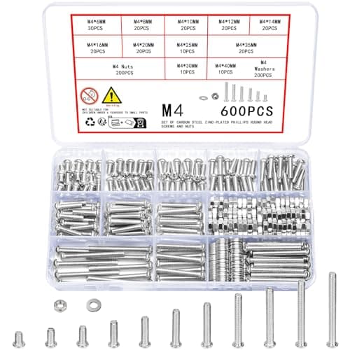 Image of Vwoqiy 600 Pcs M4 Screws Set, Pan Head Machine Screws Bolts and Nuts and Washers Assortment Kit, Assorted Galvanized Round Cross Pan Head Bolts and Nuts Sets, DIN 7985 (silver 600)