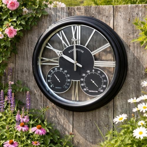 Image of Homezone Large Battery Operated Garden Clock - 40cm Weatherproof Black Wall Clock with Thermometer & Barometer - Quartz Indoor Outdoor Weather Station for Gardens & Wall Decoration for Living Room