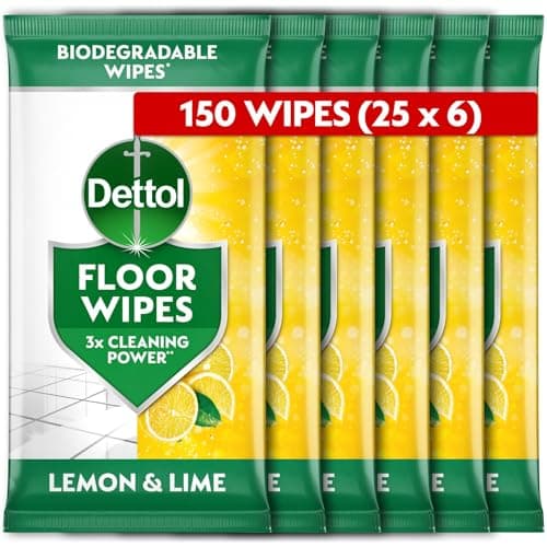 Image of Dettol, Floor Cleaner, Antibacterial, Large Biodegradable Wipes, Citrus, 150 Wipes (25 x 6pck) Disinfectant, Kitchen and Bathroom, Home Hygiene, Kills 99.9 Percent of Germs