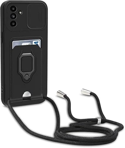 Image of Esakycn Crossbody Case for Samsung Galaxy A35 5G 6.6" with Camera Cover, Phone Case Silicone with Adjustable Strap Lanyard, Card Holder with Roating Ring Stand Shockproof Protective Cover. Black