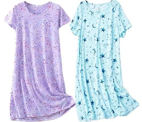 Image of BERDITH 2 Pack Nighties for Women Nightdress Ladies Cotton Blend Nightie Soft Night Dress Womens T Shirt Nightdresses Summer Plus Size Nightwear Sleep & Lounge UK 10-12 Blue star Mum Mummy