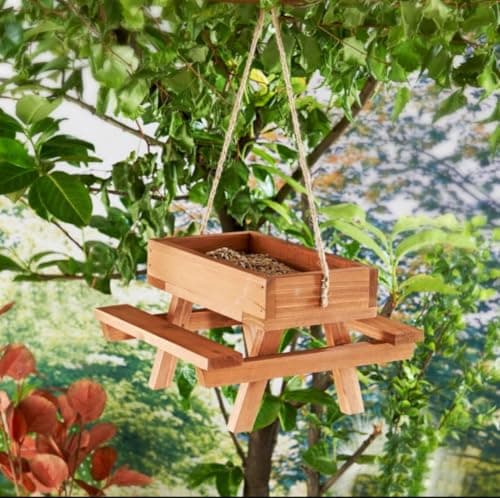 Image of Wooden Picnic Table Bird Feeder, Hanging Garden Wildlife Feeder