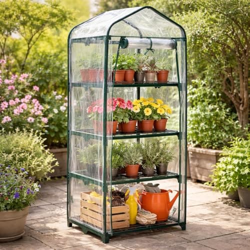 Image of Garden Mile 4 Tier Mini Greenhouse for Indoor & Outdoor Use Plant Grow House Durable Steel Frame Shelving Unit Roll-Up Double Zip Door Ideal for Growing Vegetables, Flowers, Herbs, and Seedlings 130cm