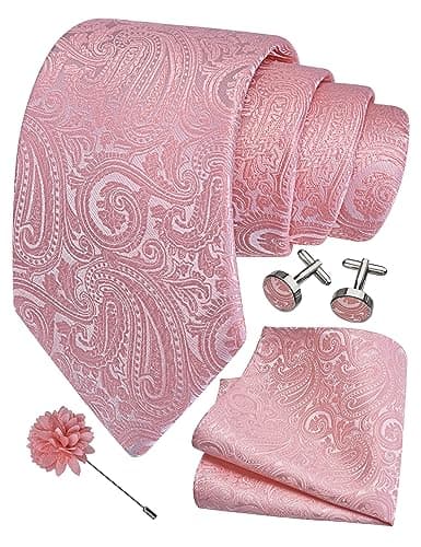 Image of GUSLESON Mens Rose Gold Tie Paisley Wedding Solid Silk Necktie Pocket Square Cufflinks and Lapel Pin Brooch Set (UK6103-14)