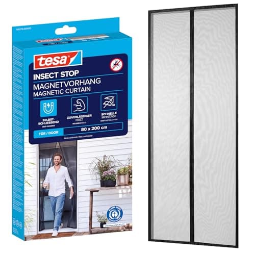 Image of tesa Insect Stop Magnetic Curtain - self-Closing - Insect Screen Curtain with Magnets for Balcony and Patio Doors - for Easy Installation Without Drilling - 2.0 m x 0.8 m