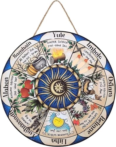 Image of kisoyo Wheel Of The Year Rustic Round Hanging Wood Sign, Sabbats Pagan Witch Sign, Wiccan Holidays, Wicca Calendar, Yule Altar, Celestial Sign, Christmas Sign Door Sign 10"x10"