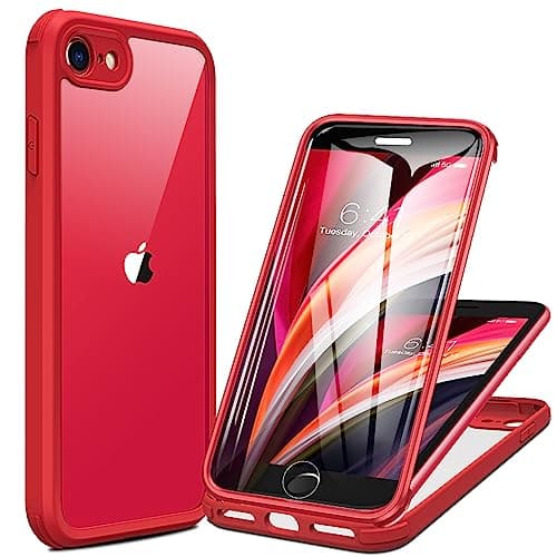 Image of iPhone SE 2022 & 2020 Case, iPhone 8 Case [Built-in Glass Screen Protector] Military Grade Full Body 360 Shockproof Stylish Bumper Transparent Back Case Cover for iPhone SE 2020/ iPhone 8 (Red)