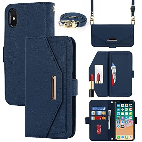 Image of Cavor Case compatible with iPhone X/XS Phone Case With Strap,Crossbody Flip Leather Wallet Case,[5 Card Holder][Mirror][Magnetic],Lanyard Case Cover for women - Blue