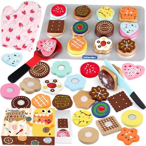 Image of Beberolen Wooden Play Food, Wooden Biscuits Toy Kitchen Accessories and Tea Set for Toddlers, Toy Food Set for Kids Kitchen, Toy Picnic Set Cookie Bakery Role Play Toy for Children Boys Girls