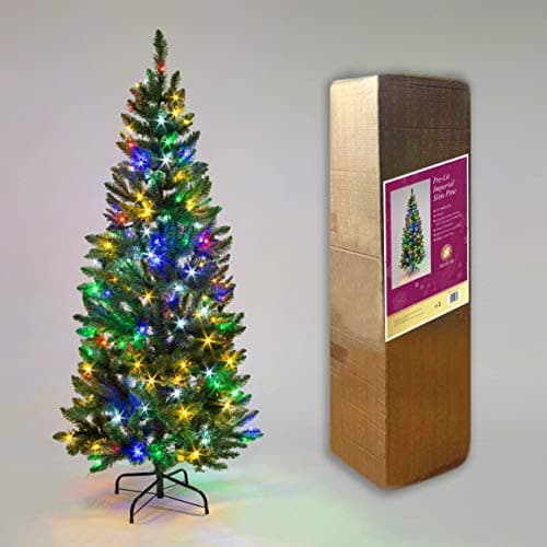 Image of 4Ft/1.2m Pre-Lit Green Christmas Tree Slim Tree Pine Narrow Xmas Tree, Pointed Tips, Metal Stand, Multicolour LED Lights, Holiday Home Decorations