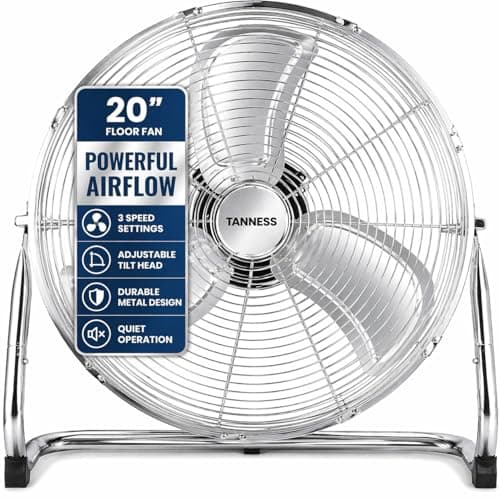 Image of TANNESS 20 Inches Chrome Metal Floor Fan, High Power 3-Speed Home Gym with Adjustable Head, Heavy-Duty Industrial Fan for Home & Commercial Use, Powerful Airflow, Quiet Operation
