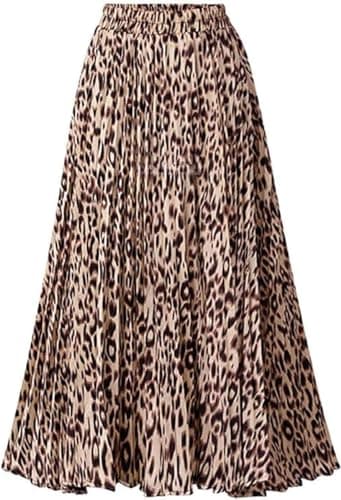 Image of Womens Leopard Print Skirt Long Maxi Elasticated Waist Pleated A Line Skirts Boho Ladies Leopard S