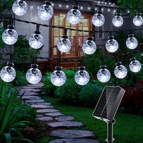 Image of Ollny Solar Lights Outdoor Garden, 12m 100LEDs Fairy Lights Solar Powered Waterproof, Cool White Crystal Ball 8 Modes Globe String Lights for Outside Indoor Gazebo Wedding Tree Party Decorations