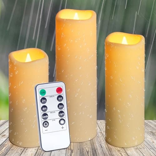 Image of Auralome Battery Operated LED Candles - Waterproof Remote Control Pillar Fake Timer Candle D2.2 x H5 6" 7" Large Flickering Flameless Electric Realistic Church Outdoor Artificial Candles 3 Set
