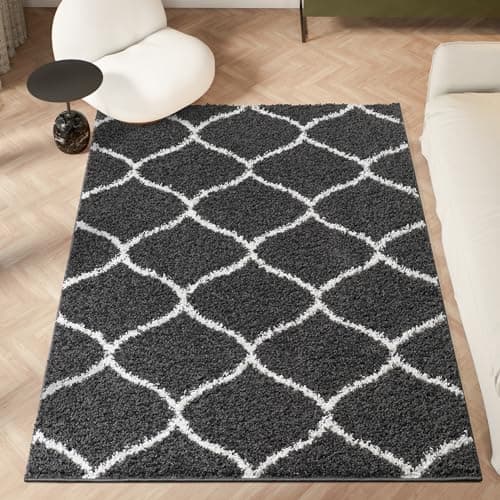 Image of homeart Area Rug - Super Soft Geometric Shaggy Rugs For The Living Rooms, Bedrooms And Kitchen - Modern, Easy To Clean Carpet(Trellis Smoky Grey - 120x170 cm)