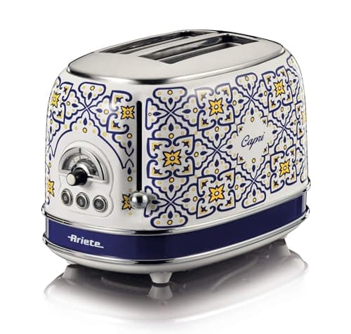 Image of Ariete Toaster 155 Capri, Mediterranean Style, 2 Wide Slots, 6 Burning Levels with Automatic Ejection, Crumb Tray, Grilling, Heating and Defrosting, 810W