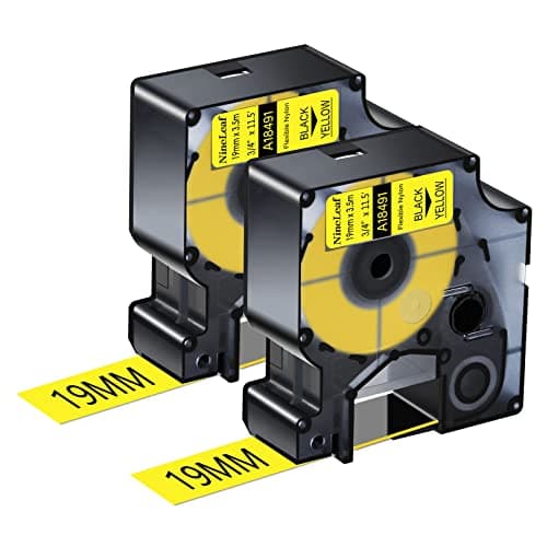 Image of NineLeaf 2 x Compatible for Dymo 18491 Tape Black on Yellow 3/4'' 19mm x 3.5m Flexible Nylon Industrial Label Tape for Rhino 4200 5200 5000 6000 ILP 219 3M PL150 PL200 PL300 Tyco T107M Label Maker