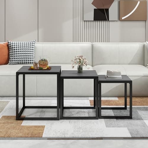 Image of HAHRIR Nesting Table Set of 3 Side Wooden Tables, Square End Tables，Coffee Table with Metal Frame (Grey)
