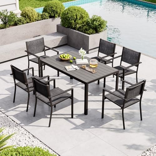 Image of Aoxun 7 Piece Garden Dining Set for 6, Outdoor Dining Set with 6 Stackable Textilene Chairs and1 Rectangular Metal Table, Texteline Seats, Decorative Armrests for Balcony, Patio, Terrace, Grey