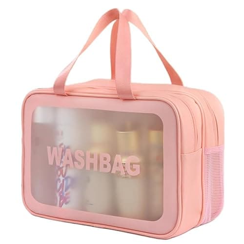 Image of FoxCyllene Clear Waterproof Toiletry Bag, Large Capacity Travel Wash Bag with Dual Handles, PVC Cosmetic Organiser with Dry-Wet Separation (Pink, L)