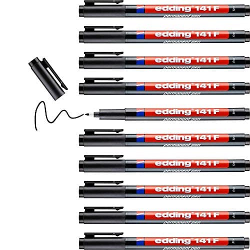Image of edding 141 F permanent pen - black - 10 pens - round nib 0.6 mm - pen for writing on glass, plastic, foils and smooth surfaces - permanent, quick-drying, smudge-proof and waterproof