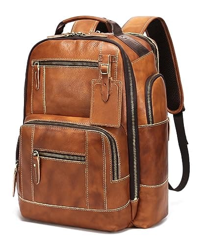 Image of LANNSYNE Vintage Genuine Leather Backpack for Men, 15.6" Laptop Backpack Camping Travel 24L Rucksack, Yellow, Fits 15.6“ laptop, Custom" Or "Vintage