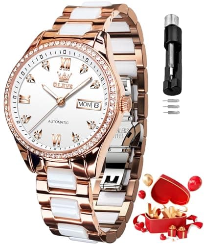 Image of OLEVS Automatic Watch for Women Self Winding Mechanical Ladies Diamond Wrist Watch Luxury Dress Rose Gold Ceramic Watches for Women Love Heart Date