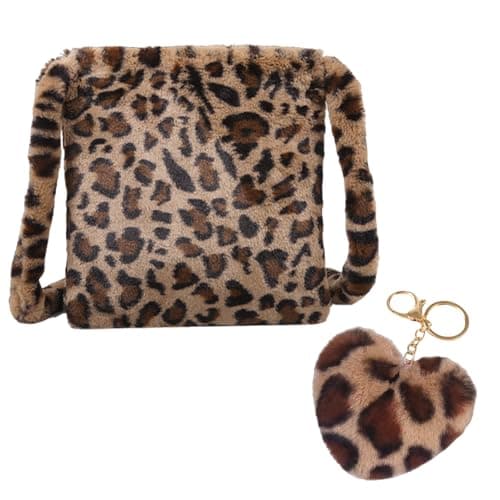 Image of arrderly 1 x Plush Leopard Print Bag, Fashionable Handbag, Shoulder Bag with Leopard Print, Leopard Shoulder Bag for Girls, School, Work, Travel