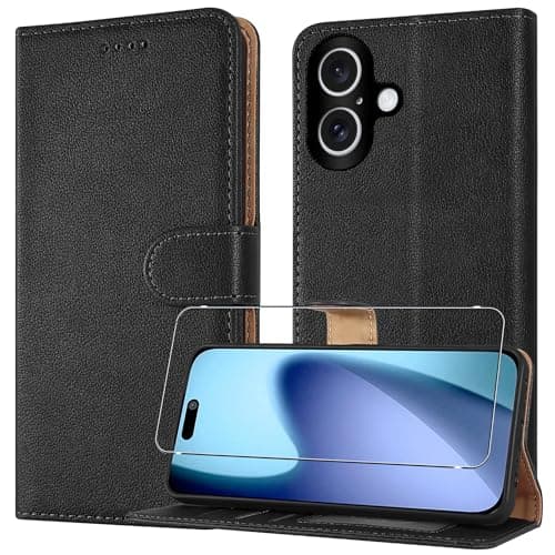 Image of PIXFAB Case for iPhone 17, Leather Wallet Phone Case [with 1 x Screen Protector], Magnetic Book Flip Folio Cover [RFID Protection & 3 Card Slots] and [Kickstand] for Apple iPhone 17 - Black