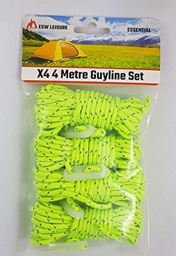 Image of ESW LEISURE Guyline Ropes 4 Pack For Tents Awning Camping Strong Lightweight Paracord Guy Rope With Tensioner Guy Lines Fishing Caravan Gazebo (Reflective Fluorescent 4M, 4 Metre X4 XL 4 Pack)