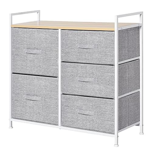 Image of HOMCOM 5 Drawer Linen Basket Storage Unit Home Organisation w/Shelf Handles Metal Frame Adjustable Feet Hallway Home Dresser Grey