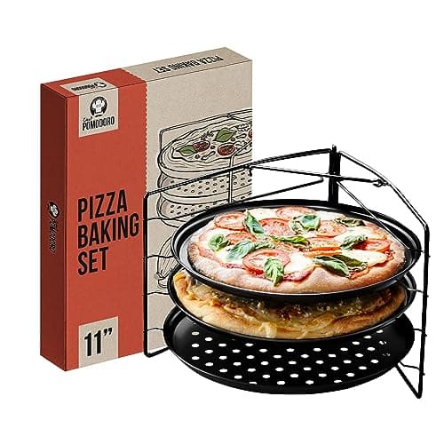 Image of Chef Pomodoro Pizza Baking Set with 3 Pizza Pans and Pizza Rack, (28cm Pans), Non-Stick Perforated Pizza Trays for Oven, Pan with Holes, Pizza Pan for Oven, Barbeque, Bakeware Supplies