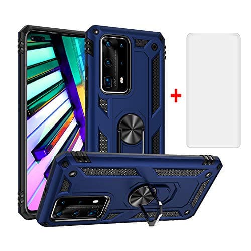 Image of Phone Case for Huawei P40 Pro with Tempered Glass Screen Protector Cover Stand Ring Rugged Silicone Holder Hard Shockproof Heavy Duty Accessories Magnetic Metal huawei Hawaii Hwauei Haweii Men Blue