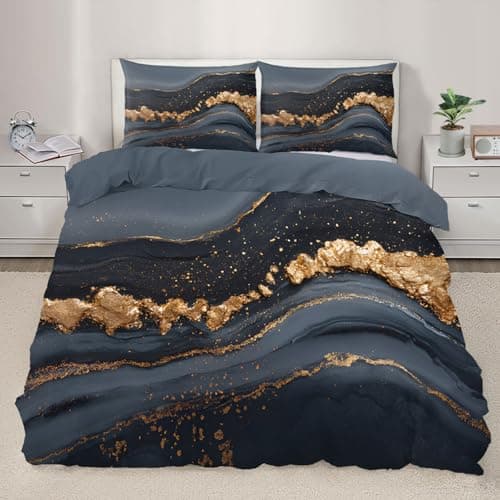 Image of YEMYOR Black Marble Comforter Cover Double 200x200 cm, Black Gold Marble Bedding Set, Golden Cracked Duvet Cover with 2 Pillowcases