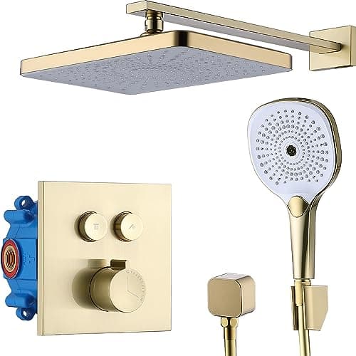 Image of DIKUROOMS Rainfall Shower Faucet System, Wall Mount High Pressure Rain Shower Heads and Handheld Spray, Push Button Diverter Bathroom Shower Mixer Combo Set, Brass Rough-in Valve, Brushed Gold