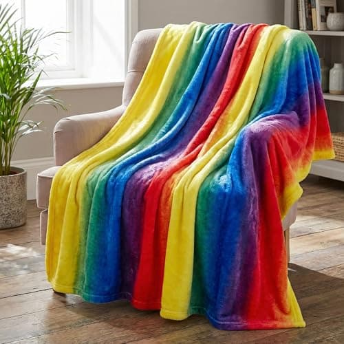 Image of QPC Direct Rainbow Stripe Mircofibre Super Soft Plush Fleece Blanket Throw, 125 x 150cm