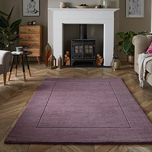 Image of Lord of Rugs Wool Bordered Rug for Modern Classic Bedroom Living Room Soft Quality Esme Hand Carved Elegance Plain Vibrant Colours Rug Mauve, Medium 120x170 cm (4'x5'6")