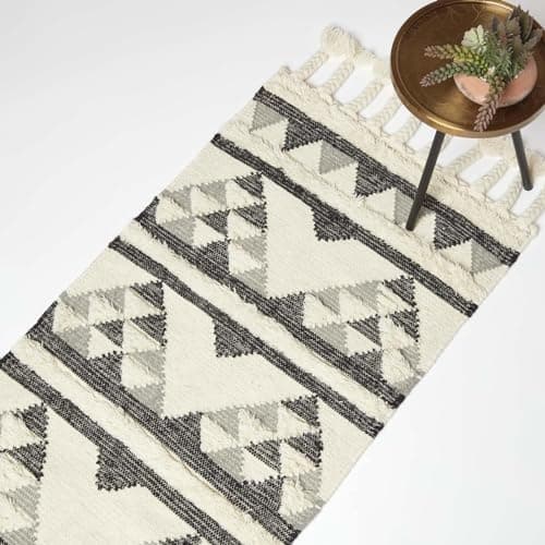 Image of HOMESCAPES Black & Grey Handwoven Kilim Rug Carpet Runner for Hallway 66 x 200 cm Traditional Monochrome Tufted Geometric Pattern ‘Kota’ Wool & Cotton Rug with Tassels