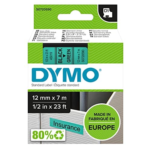 Image of DYMO Authentic D1 Labels | Black Print on Green Tape | 12 mm x 7 m | Self-Adhesive Labels for LabelManager Label Makers | Made in Europe
