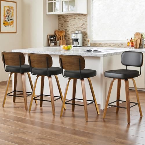 Image of Bekrvio Swivel Bar Stools Set of 4, 65CM Upholstered Faux Leather Barstools with Back and Bent Wood Legs, Mid Century Modern Bar Chair Island Stool for Kitchen Counter, Black