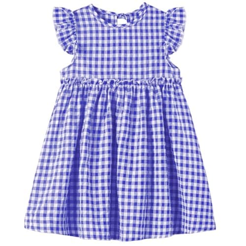 Image of Csbks Toddler Baby Girls' Cotton-Linen Sundress with Ruffle Halter Sleeveless and Swing Dress Plaid Royal Blue Size 90