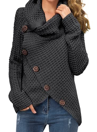 Image of GRECERELLE Women's Winter Jumpers Knit Warm Turtle Neck Wrap Asymmetric Hem Jumper Sweater Tops with Button for Ladies (Dark Grey, L)