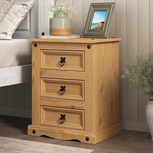 Image of Corona Bedside Table Cabinet Large Nightstand 3 Drawer Solid Pine Wood