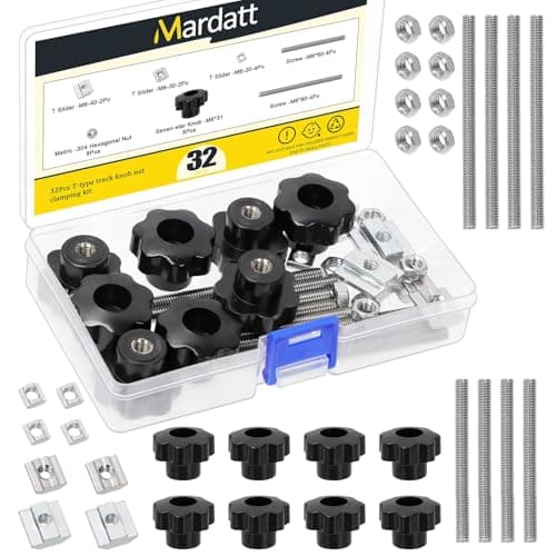 Image of Mardatt 32Pcs M6 Star Knob Clamping Handle Nut Kit, Include M6x31 Star Knobs, 20/30/40 Series T-nuts, M6x60/80mm Thread Rods, Hex Nuts for Woodworking Fixtures Fixing to T-Tracks